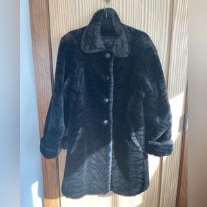 Gallery Brown & Black Soft Faux Fur Zebra Print Winter Jacket Sz S Made USA